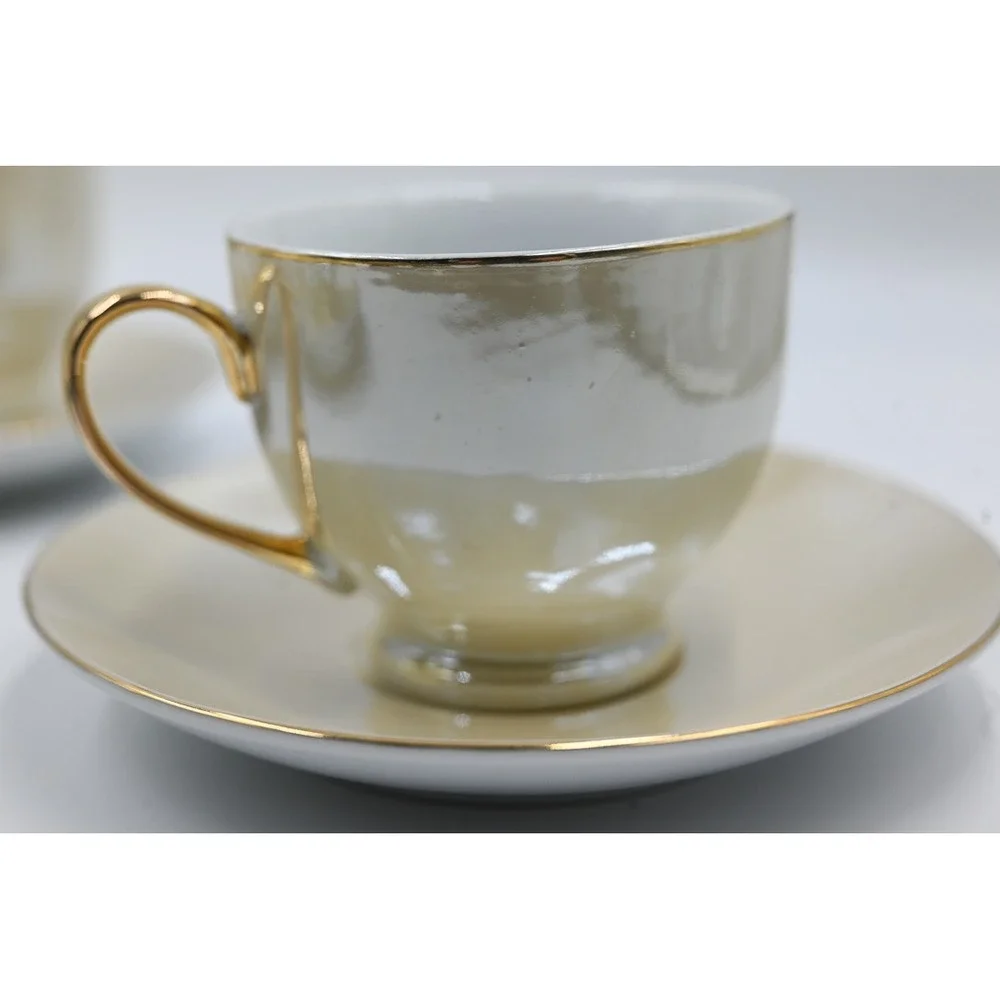 VTG I. Godinger Iridescent Luster Gold Trim Tea Cup and Saucer Set of 4 Cream